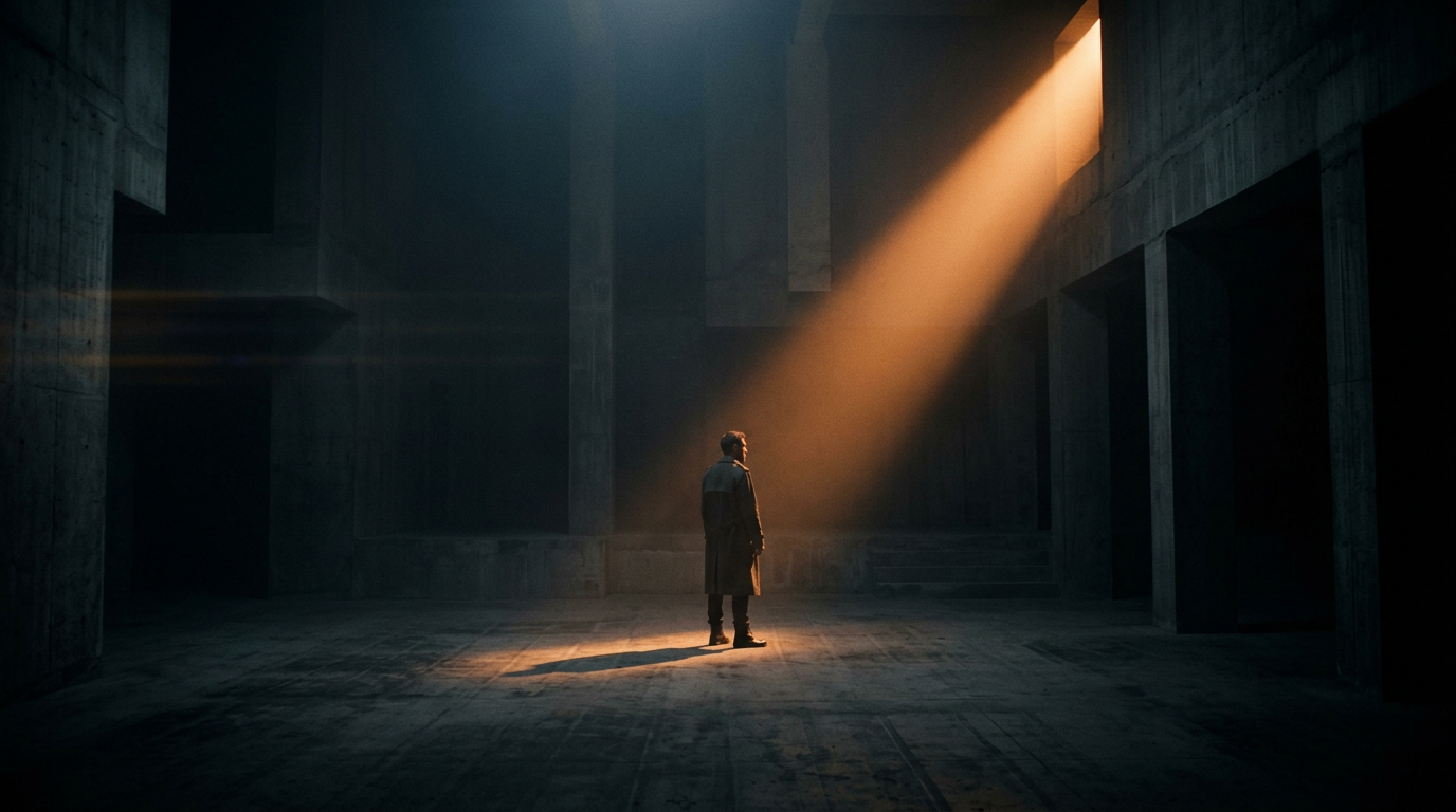 Still from the 2026 showreel: a figure standing in a beam of warm light